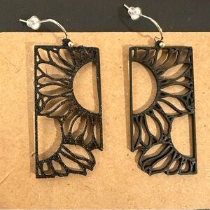 Black Laser-Cut Sunflower Rectangle Dangle Earrings
